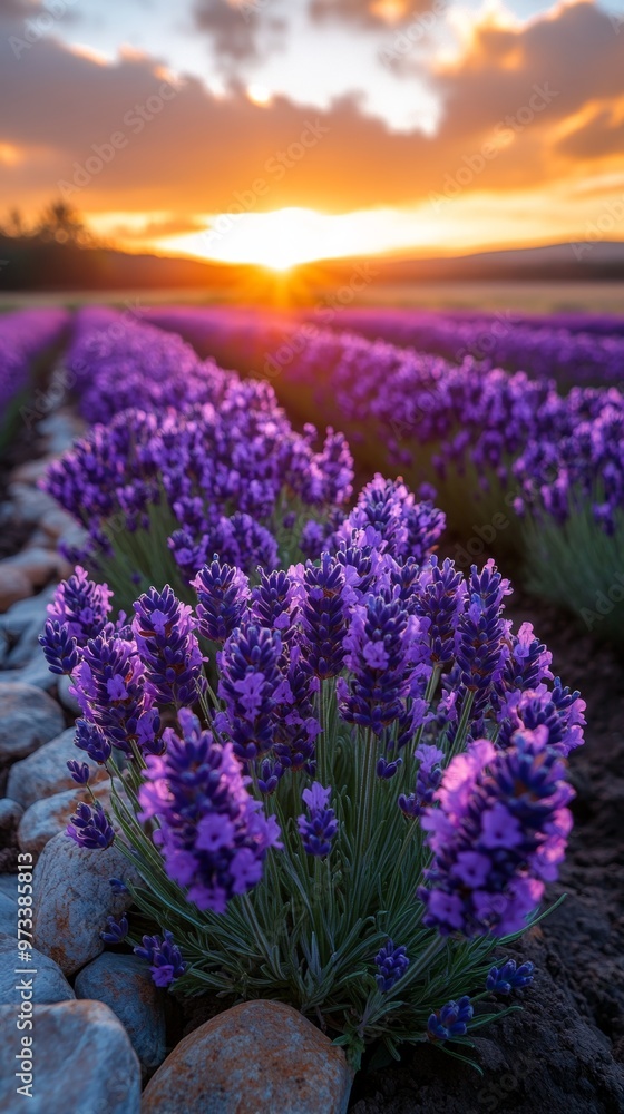 Obraz premium Endless Lavender Fields at Sunset with Serene Atmosphere