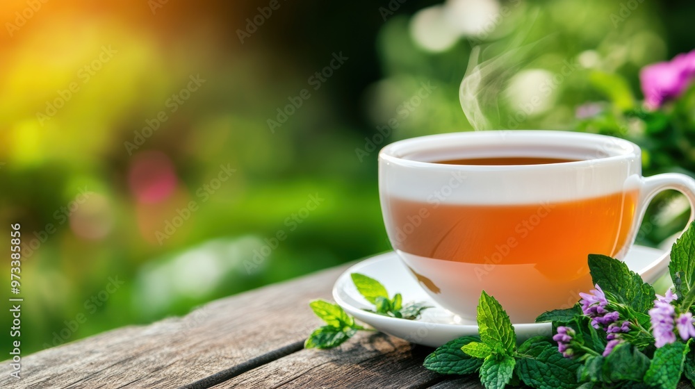 A cup of tea with steam coming out on a wooden table, AI A cup of tea with steam coming out on a wooden table, AI