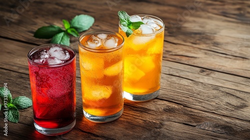 Glasses of different refreshing soda water with ice cubes on wooden table. Space for text