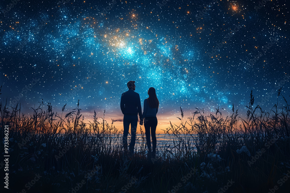 A duo sharing a heartfelt moment under a starlit sky, capturing their deep connection in a tranquil atmosphere. Concept of romance and serenity. A duo sharing a heartfelt moment under a starlit sky, capturing their deep connection in a tranquil atmosphere. Concept of romance and serenity.