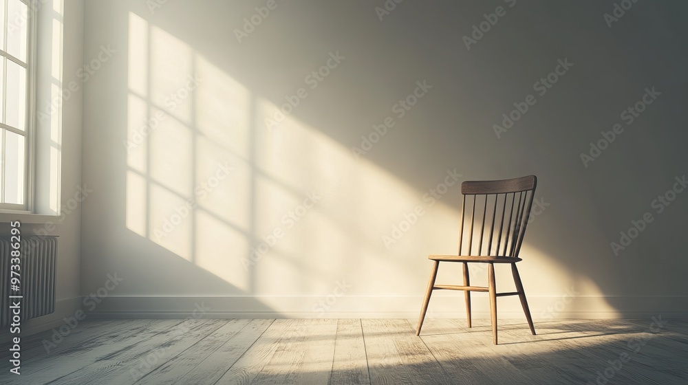 Minimalist scene of a single chair in an empty room, with soft light from a nearby window creating a peaceful, contemplative atmosphere, 4K hyperrealistic photo. Minimalist scene of a single chair in an empty room, with soft light from a nearby window creating a peaceful, contemplative atmosphere, 4K hyperrealistic photo.