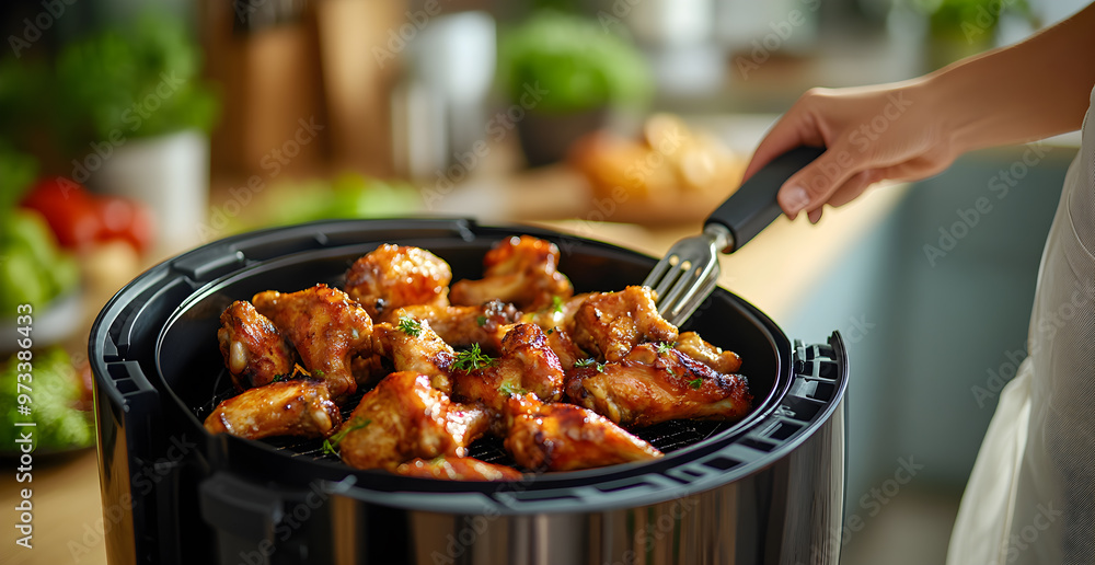 A woman is cooking chicken wings in a pan A woman is cooking chicken wings in a pan