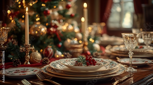 Table set for Christmas dinner with elegant china, candles, a festive centerpiece, and holiday-themed place settings. 4K hyperrealistic photo.