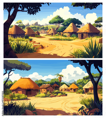 African villages. Tribal residences backgrounds, poor primitive clay home with simple thatched roof indigenous tribe living, set vector illustration