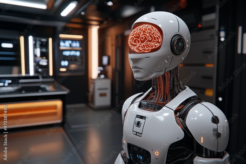 Neuroplasticity mechanotransduction energy harvesting bioelectronic sensor and signal processing humanoid robot with a glowing red brain standing in a futuristic laboratory Neuroplasticity mechanotransduction energy harvesting bioelectronic sensor and signal processing humanoid robot with a glowing red brain standing in a futuristic laboratory
