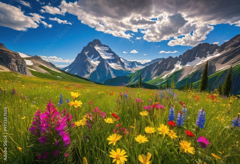 Fototapeta premium breathtaking mountain vista showcasing vibrant display colorful wildflowers full bloom under clear blue sky, alpine, beauty, botanical, composition, contrast