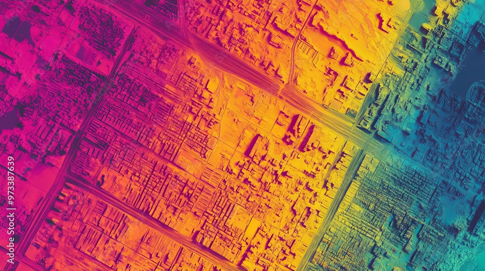 Fototapeta premium Heatmap of urban heat islands in a city, with vibrant colors showing areas of higher temperatures due to concrete and asphalt, cooler tones in green spaces. 4K hyperrealistic photo.