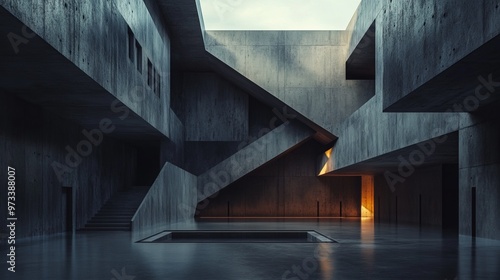 Brutalist art museum with sharp, angular concrete forms and large, unadorned surfaces, creating a stark, modernist space. 4K hyperrealistic photo. photo