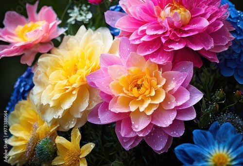 vibrant floral arrangements featuring shimmering petals colorful display beauty, blooms, flowers, bright, garden, fresh, decoration, bouquet, design, elegant