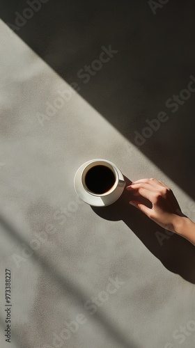 Hand Reaching for a Cup of Black Coffee on a Cement Table in a Minimalist Setting