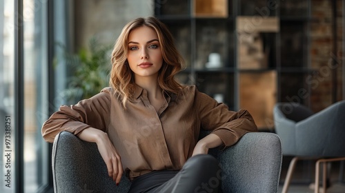 Photo of lovely boss lady wear brown clothes blouse sit office armchair look empty space