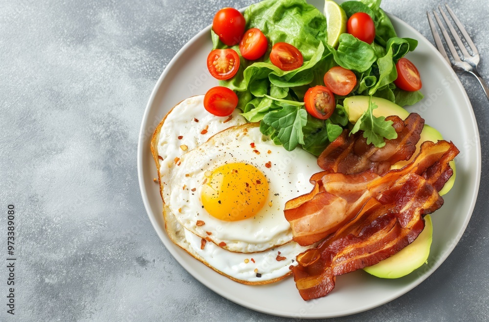 Ketogenic diet breakfast plate with fried eggs and bacon Ketogenic diet breakfast plate with fried eggs and bacon
