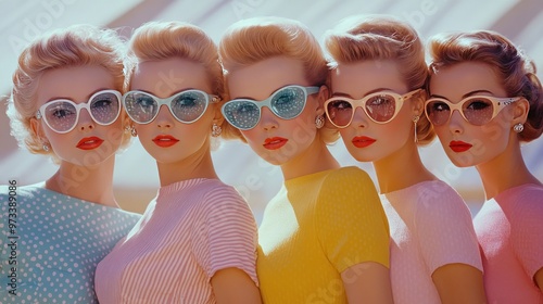 Five Women in Retro Style with Sunglasses and Colorful Outfits photo