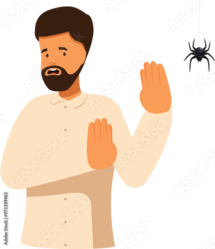 Man feeling disgusted raising hands at spider hanging on web, arachnophobia concept