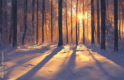 The golden rays of the setting sun cast long shadows through snow-covered trees in an enchanting winter forest, creating a serene and magical atmosphere.