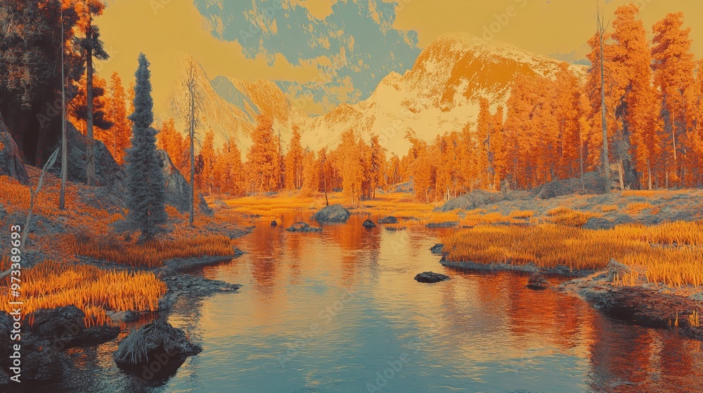 Fototapeta premium Heatmap of a national park, with warm colors indicating areas of high visitor activity and cooler tones in the more remote, untouched regions. 4K hyperrealistic photo.