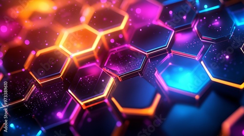 Abstract and Futuristic Hexagonal Background with Colorful and Glowing Neon Effect. Modern Technology Background.****