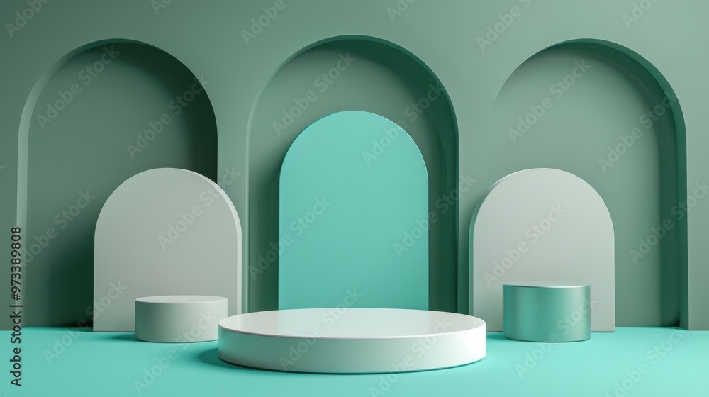 A minimalist display scene with geometric shapes in soft pastel colors. The background is of arched structures in varying shades of green, with a central circular platform and two cylindrical forms A minimalist display scene with geometric shapes in soft pastel colors. The background is of arched structures in varying shades of green, with a central circular platform and two cylindrical forms