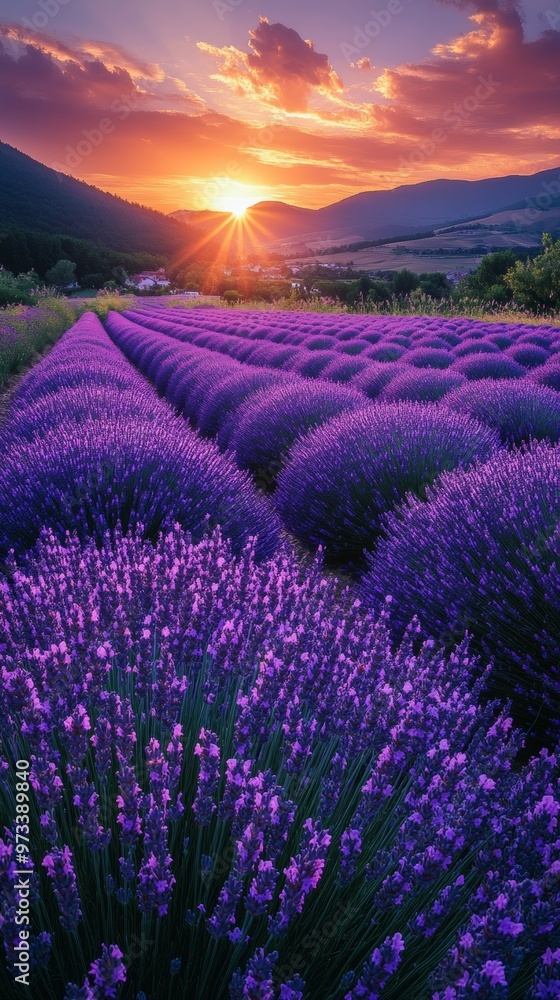 Naklejka premium Magnificent Lavender Fields at Sunset in Mountainous Countryside