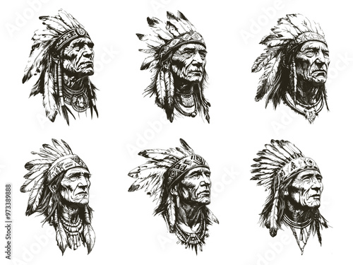 Apaches chief portraits. Indian chiefs tattoo sketches, headman in native american traditional headdress with tribal feathers. indians vintage draw set vector illustration