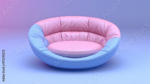 A comfy modern round chair with a pink and blue color scheme, set against a gradient background