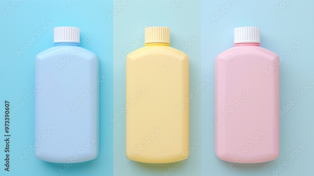 Three colorful plastic bottles arranged side by side on a pastel background. The left bottle is light blue, the middle one is yellow, and the right one is light pink. Each bottle has a small screw cap Three colorful plastic bottles arranged side by side on a pastel background. The left bottle is light blue, the middle one is yellow, and the right one is light pink. Each bottle has a small screw cap