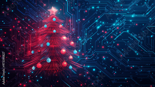 abstract christmas tree on technology background  with light , digital Christmas tree on background with light spots 