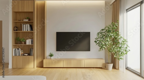 Modern Living Room Interior with Television on Cabinet and Plant Decoration