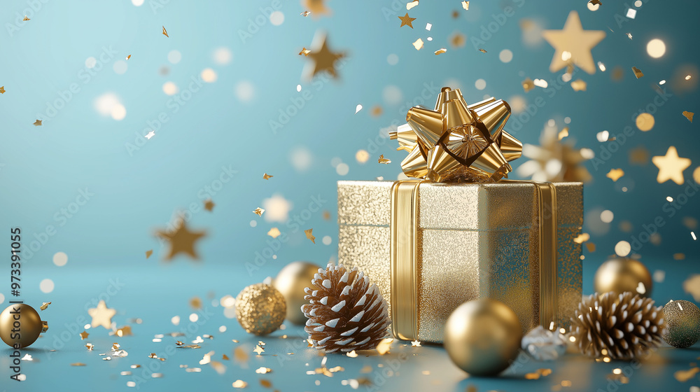 golden christmas gift box with christmas decorations golden christmas gift box with christmas decorations