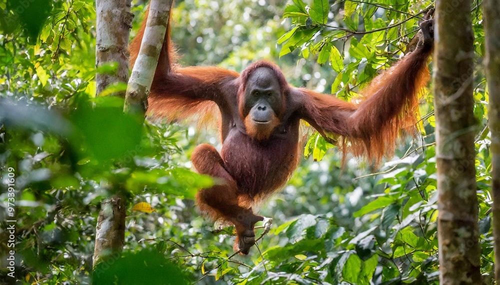 Naklejka premium Orangutan Swinging through the Dense Canopy of a Borneo Rainforest