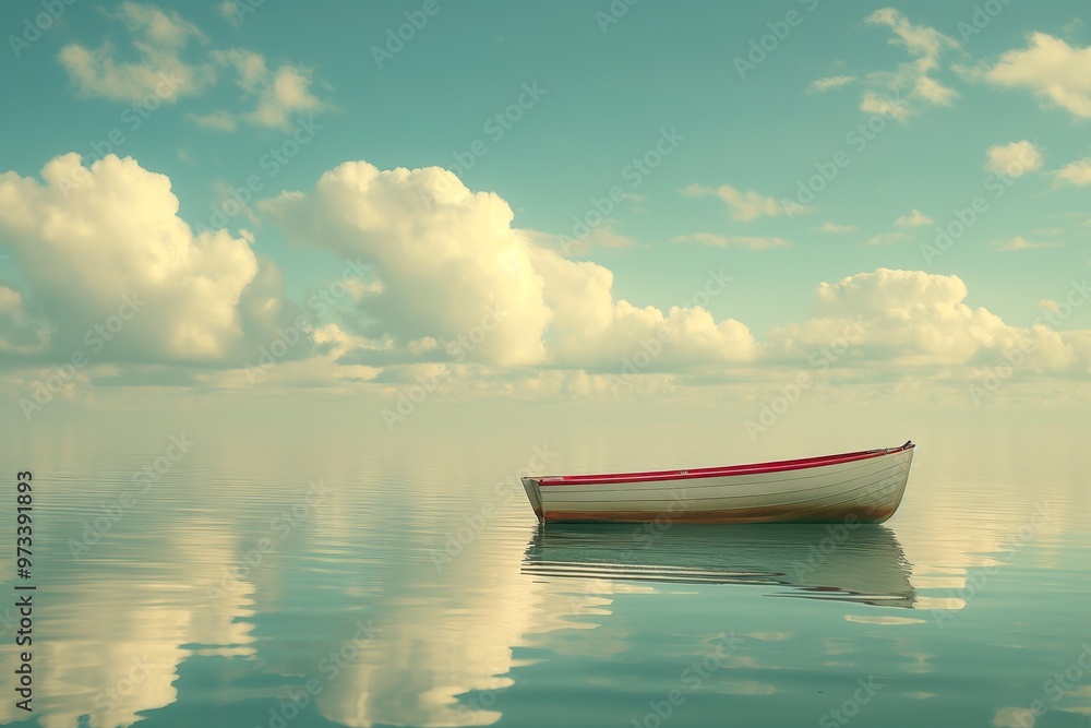 A serene wooden boat floats peacefully in calm waters under a blue sky dotted with fluffy clouds during midday A serene wooden boat floats peacefully in calm waters under a blue sky dotted with fluffy clouds during midday