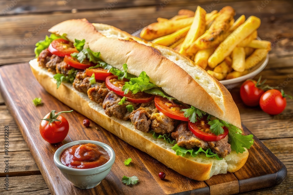 Philly Cheesesteak: Thinly sliced steak and melted cheese piled into a hoagie roll. Often topped with onions and peppers for a savory, satisfying sandwich. French fries Philly Cheesesteak: Thinly sliced steak and melted cheese piled into a hoagie roll. Often topped with onions and peppers for a savory, satisfying sandwich. French fries