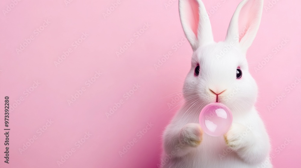 A white rabbit with pink background holding a bubble, AI A white rabbit with pink background holding a bubble, AI