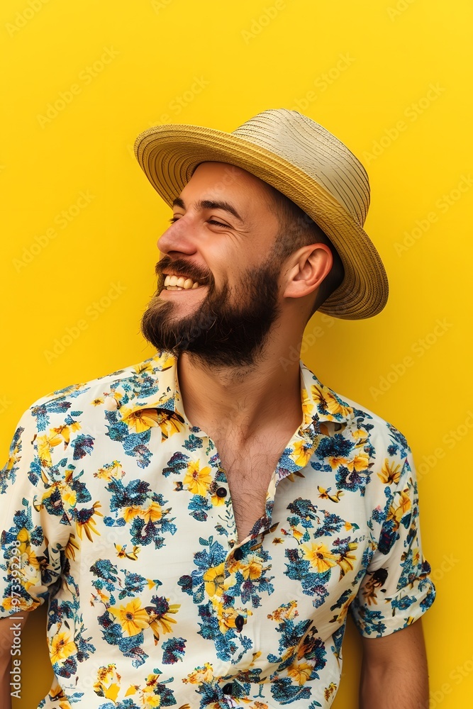 Happy man in a stylish straw hat on yellow wall background Happy man in a stylish straw hat on yellow wall background