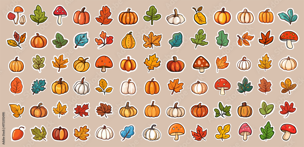 Autumn stickers. Fall season nature elements, pumpkin leaf mushroom cute cartoon icons set vector illustration Autumn stickers. Fall season nature elements, pumpkin leaf mushroom cute cartoon icons set vector illustration
