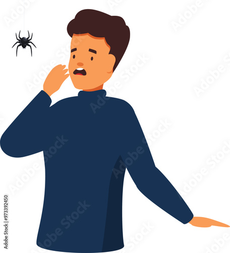 Man is feeling intense fear and panic because of a spider