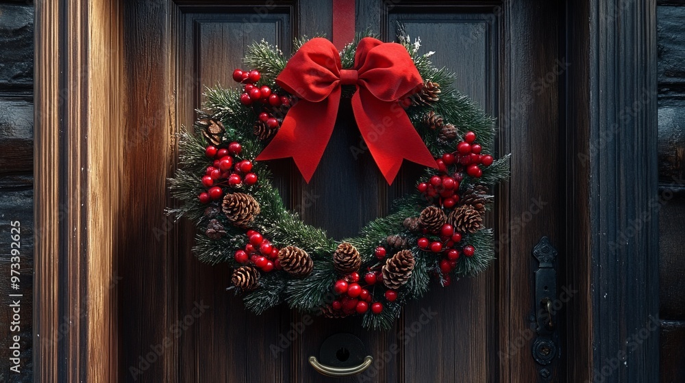 Festive Christmas wreath on a wooden door, decorated with red berries, pinecones, and a big red bow, welcoming holiday guests. 4K hyperrealistic photo. Festive Christmas wreath on a wooden door, decorated with red berries, pinecones, and a big red bow, welcoming holiday guests. 4K hyperrealistic photo.