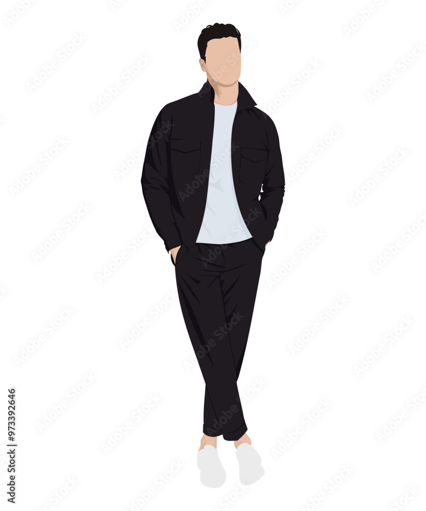 Vector illustration of a man in a black jacket, white t-shirt and black pants. Classic casual style Vector illustration of a man in a black jacket, white t-shirt and black pants. Classic casual style