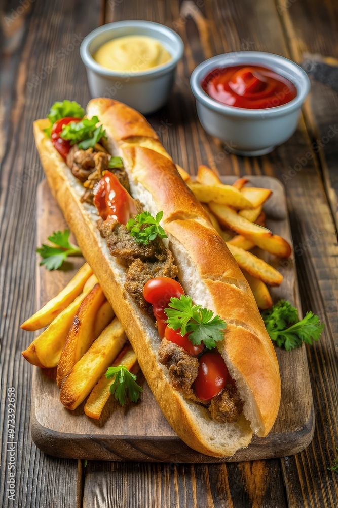 Philly Cheesesteak: Thinly sliced steak and melted cheese piled into a hoagie roll. Often topped with onions and peppers for a savory, satisfying sandwich. French fries Philly Cheesesteak: Thinly sliced steak and melted cheese piled into a hoagie roll. Often topped with onions and peppers for a savory, satisfying sandwich. French fries