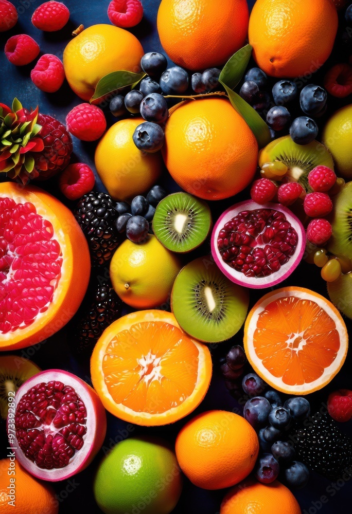 vibrant summer fruit arrangement displayed colorful backdrop featuring fresh citrus exotic tropical varieties, berries, pineapple, watermelon, strawberries vibrant summer fruit arrangement displayed colorful backdrop featuring fresh citrus exotic tropical varieties, berries, pineapple, watermelon, strawberries