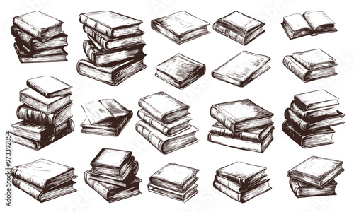 Books sketches. Paper literature ink graphic, old book hand drawing stack textbook, set vector illustration