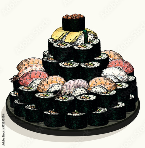 sushi cake dessert joke funny delicious food asian japanees restaurant dish draw linear illustration isolated on white background