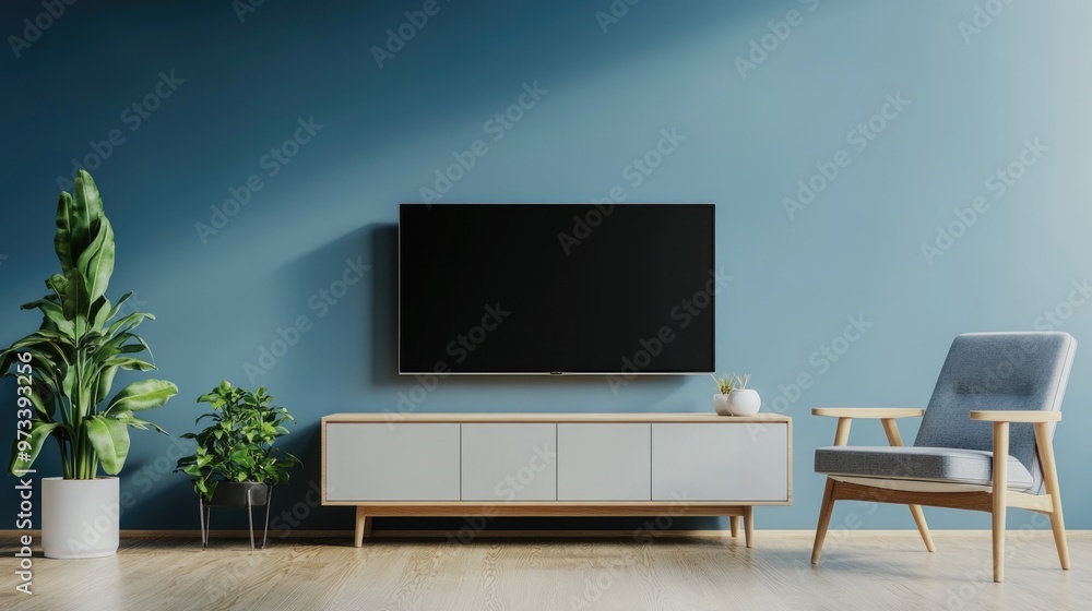 Modern Living: Bright Apartment Interior with Elegant Decor on Blue Wall Background Modern Living: Bright Apartment Interior with Elegant Decor on Blue Wall Background