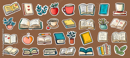 Books stickers. Educational library or bookshop doodle book icons, study textbook booklet dictionary literature design element, set vector illustration