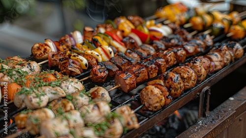 A diverse selection of skewered meats and vegetables cooking on a barbecue grill, capturing the colorful and inviting essence of an alfresco meal with friends and family.