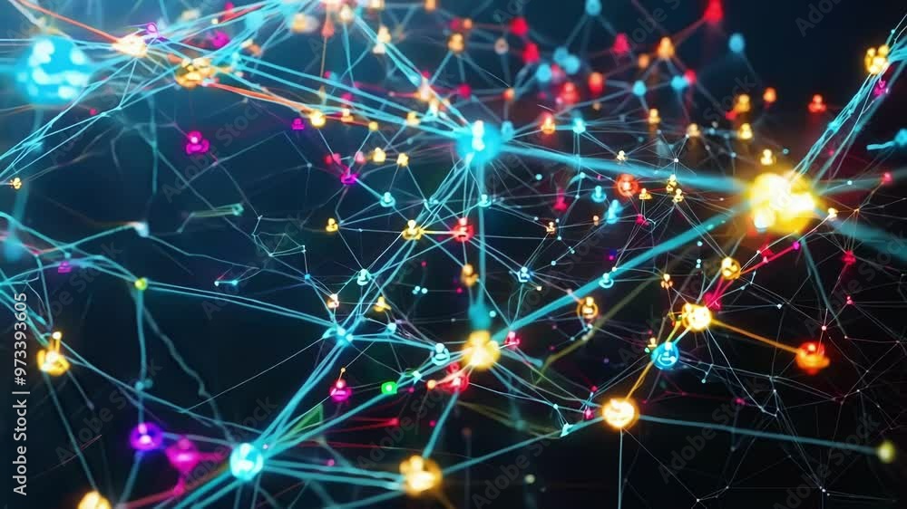 Complex network visualizing the flow of finance information with glowing nodes representing users and lines illustrating connections between them Complex network visualizing the flow of finance information with glowing nodes representing users and lines illustrating connections between them