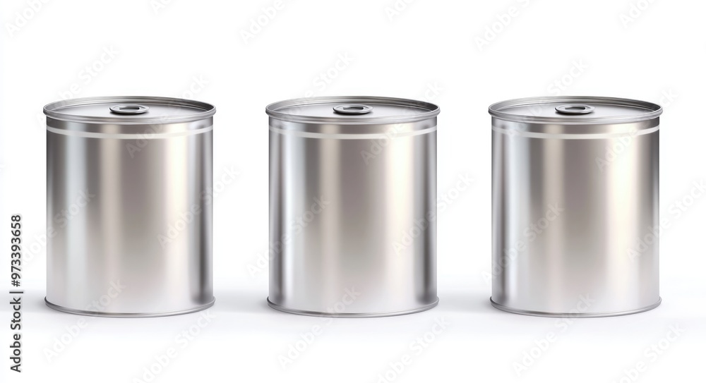 Variety of Tin Cans with Blank Labels on White Background. Set of Metal Canisters for Food Storage Variety of Tin Cans with Blank Labels on White Background. Set of Metal Canisters for Food Storage