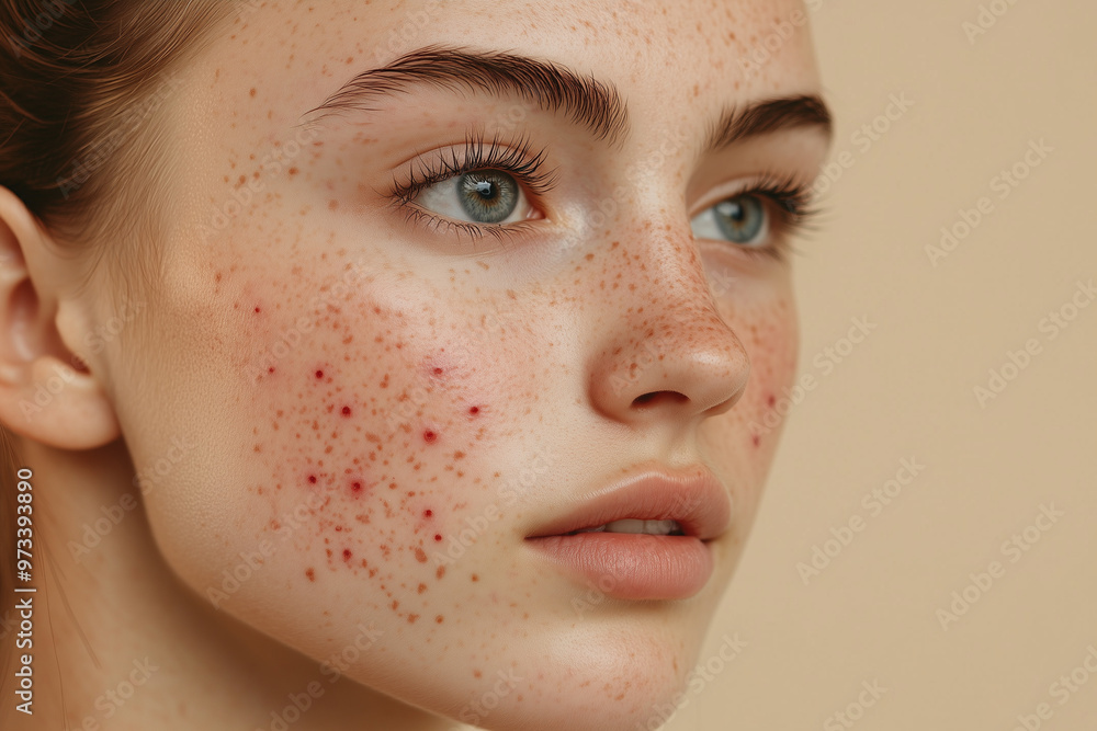 Acne and red pimples, young woman with problematic skin and without makeup, girl with pigmentations, closed comedones, pimples on face, skin care and dermatology problem Acne and red pimples, young woman with problematic skin and without makeup, girl with pigmentations, closed comedones, pimples on face, skin care and dermatology problem