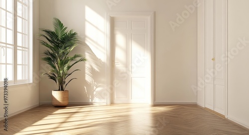 Modern Living Room Interior with Wooden Flooring and Houseplant Decor