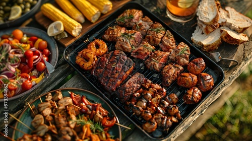 A diverse grilled platter with various meats, colorful vegetables, and fresh bread on display, highlighting a hearty, delightful outdoor meal enjoyed with friends and family.